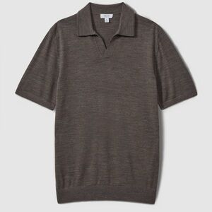 Reiss Duchie Johnny Collar Short Sleeve Wool Polo Sweater Dark Brown Melange L